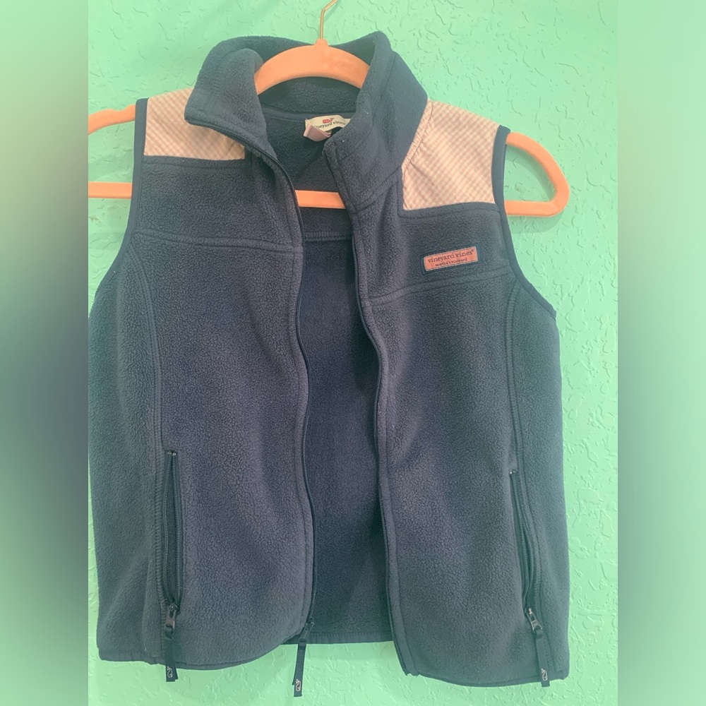 Vineyard vines girls fleece vest navy pink whale S 6-7 preppy gingham
